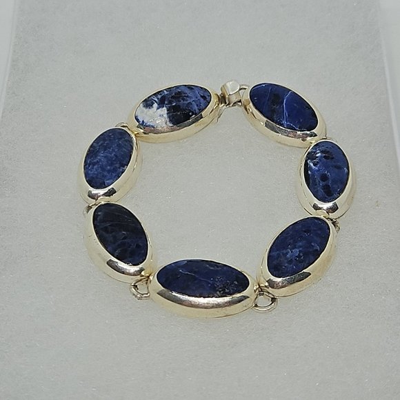 Vintage Mexico C-11 Sodalite Modernist Style 925 Sterling Silver Bracelet - Picture 3 of 9